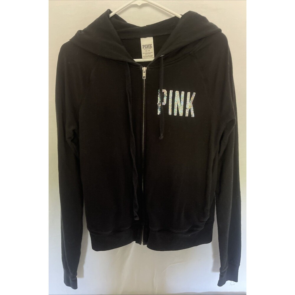 Pink Victoria Secret Womens Las Vegas Limited Edition Sequin Black Zip Hoodie M